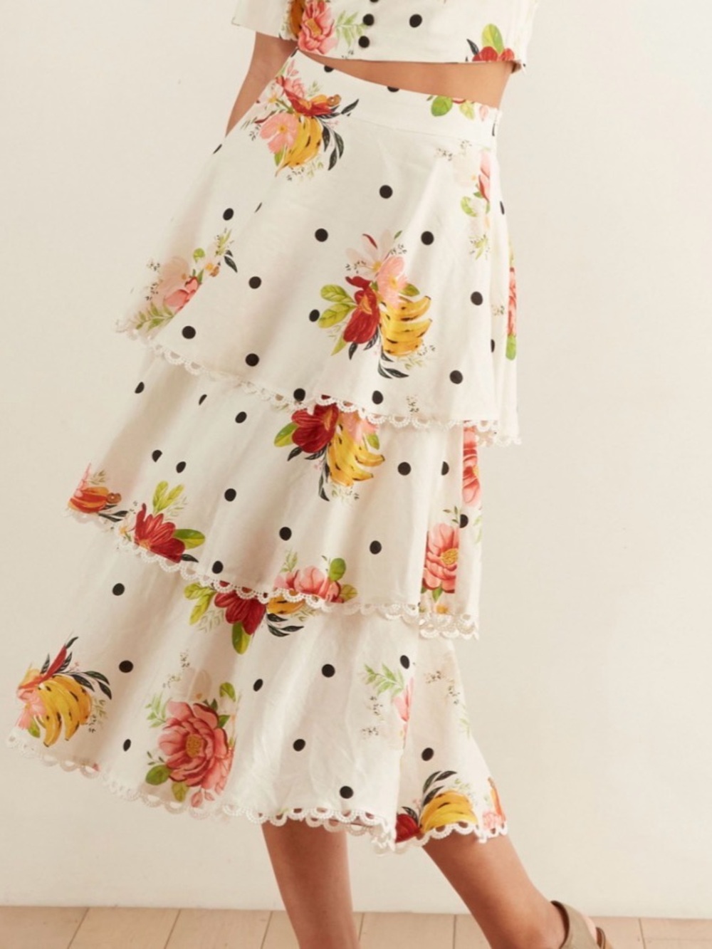 Farm Rio Nanaju Embroidered Trim Tiered Midi Skirt